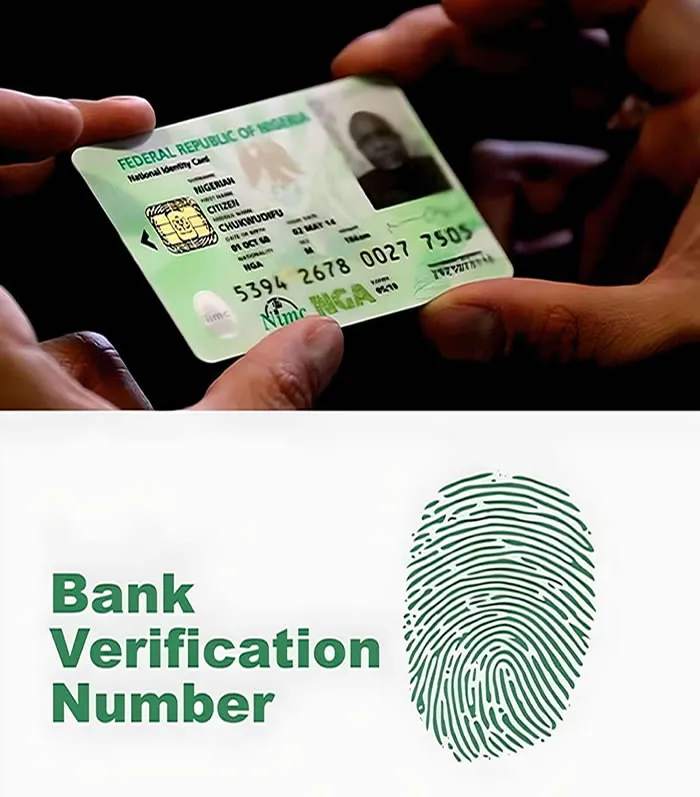 Nigerian national identity card above a Bank Verification Number fingerprint graphic