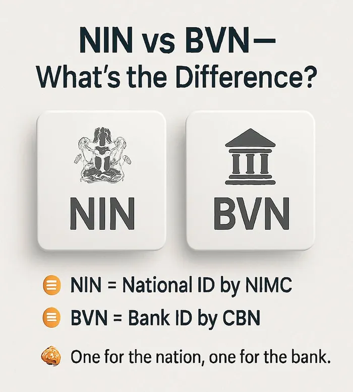Graphic explaining NIN as the national ID from NIMC and BVN as the bank ID